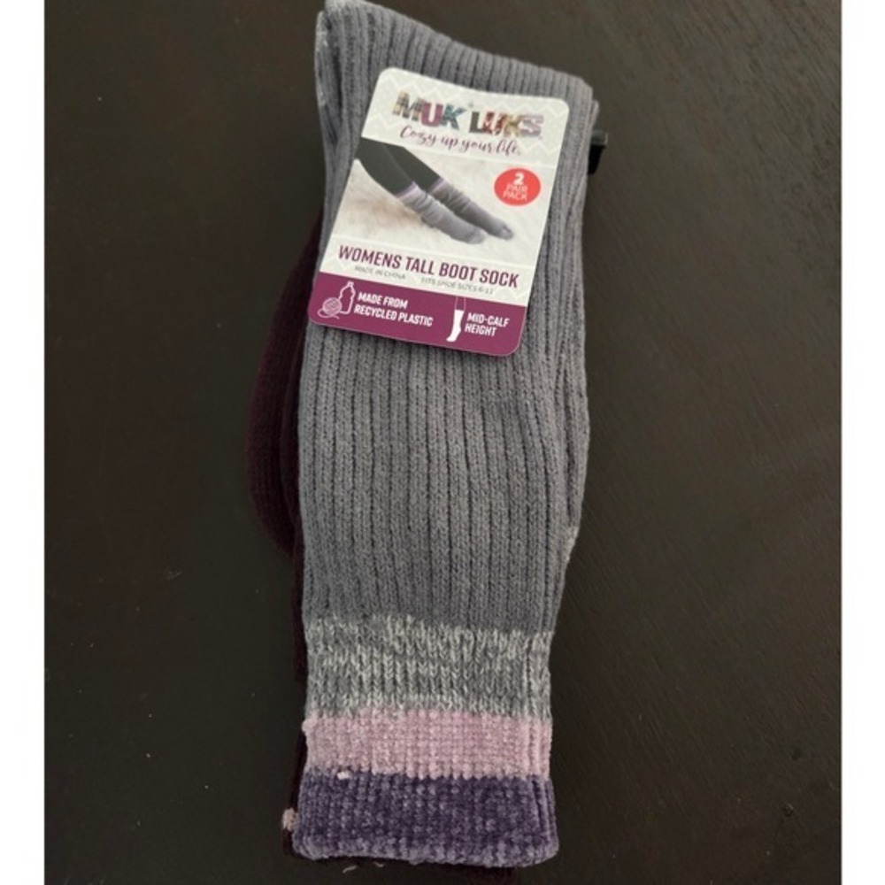 Muk‎ Luks Womens Tall Boot Socks 2 Pair Pack Grey Plum Mid Calf Fits Size 6-11